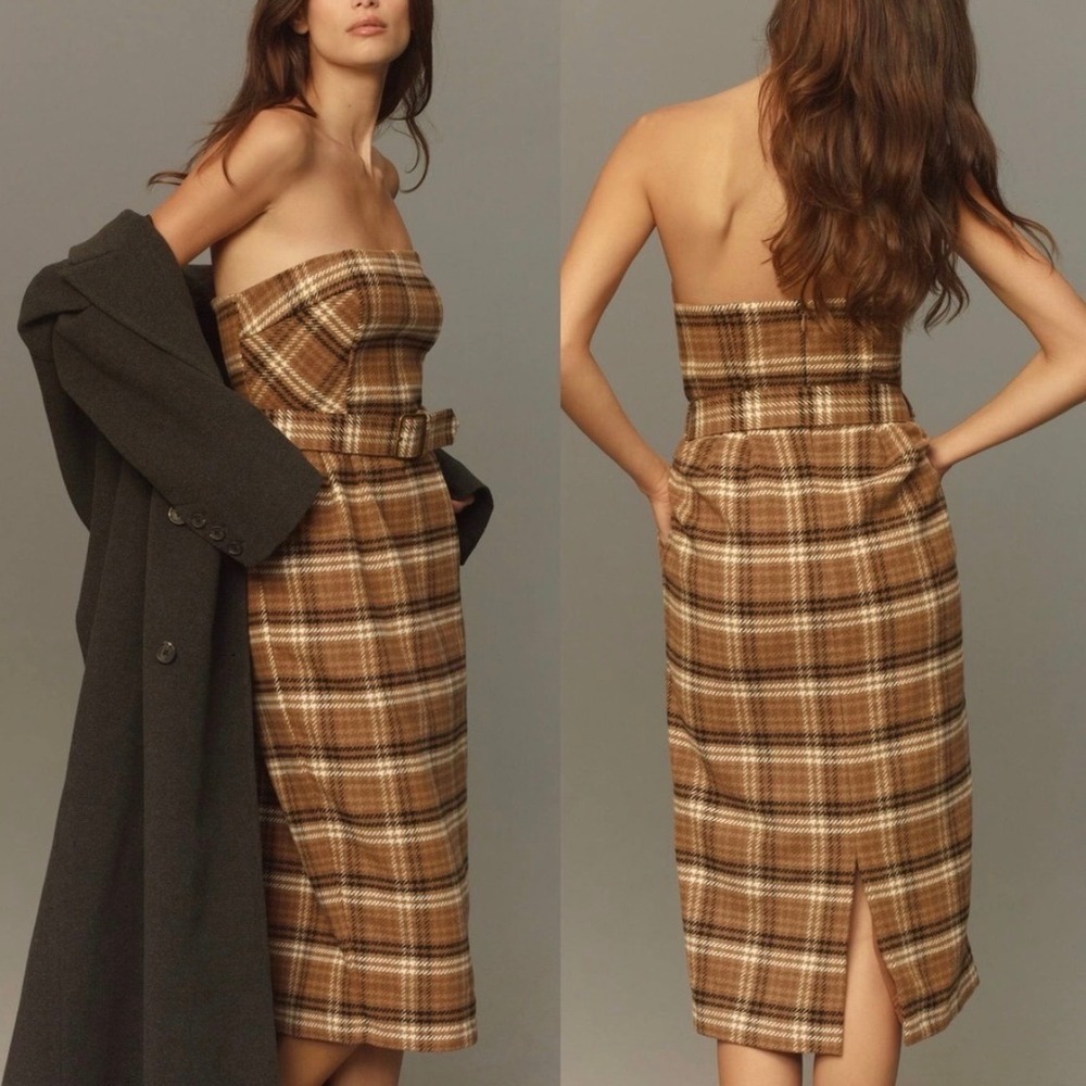 By Anthropologie Strapless Belted Midi Dress Size 6 Plaid Wool Blend Autumn Fall